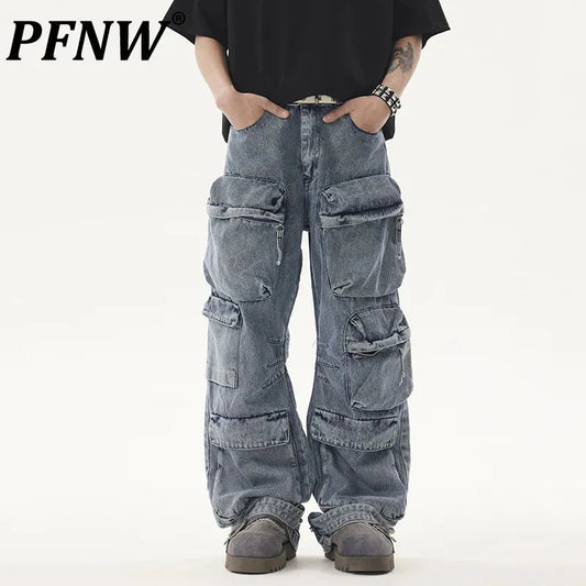 PFNW High Street Men's Denim Pants Three-dimensional Multi-pockets Worn-out Overall Straight Leg Male Bottom Loose New 12C521