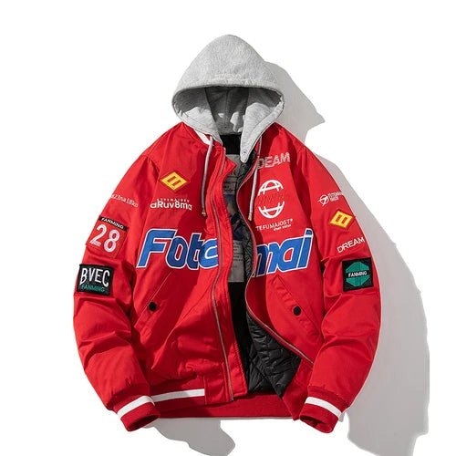 Winter Baseball Jacket Men Hip Hop Letter Varsity Jacket Women Thick Warm Hooded Parkas Coat Streetwear Windbreeakr American Red